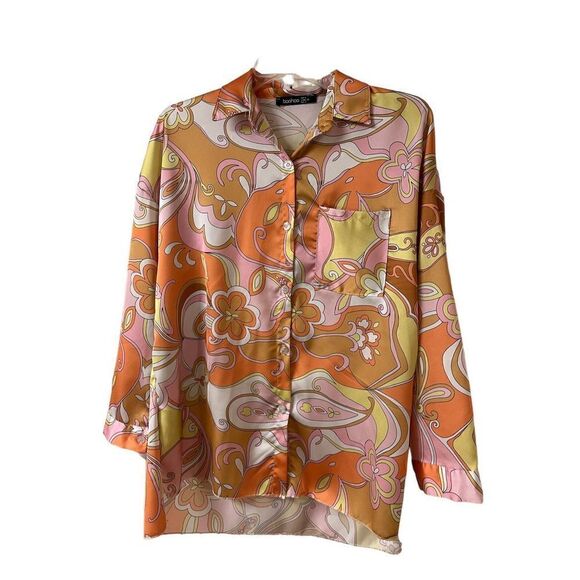 Boohoo blouse retro vibe button front sz 2 - Picture 1 of 3